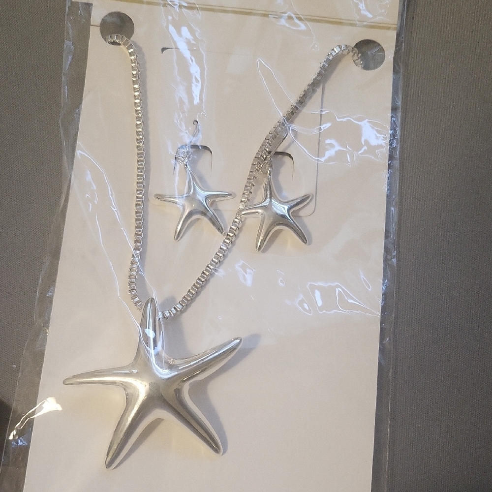 Silver Starfish Necklace and Earring Set - Picture 1 of 4